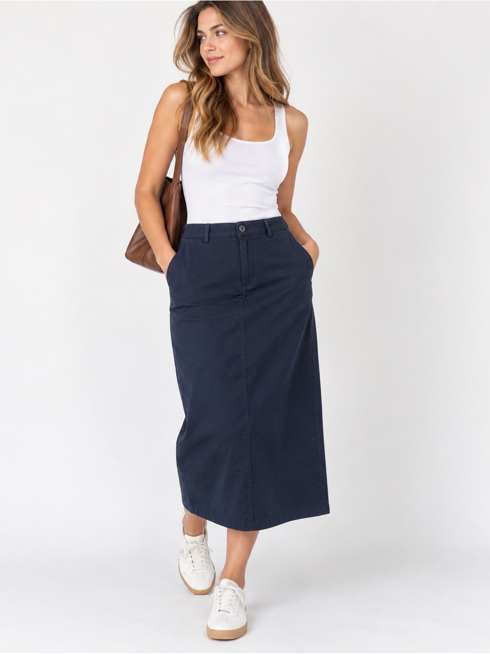 L.L.Bean Original Fit Navy Cotton Midi Skirt Size 12 Reg
